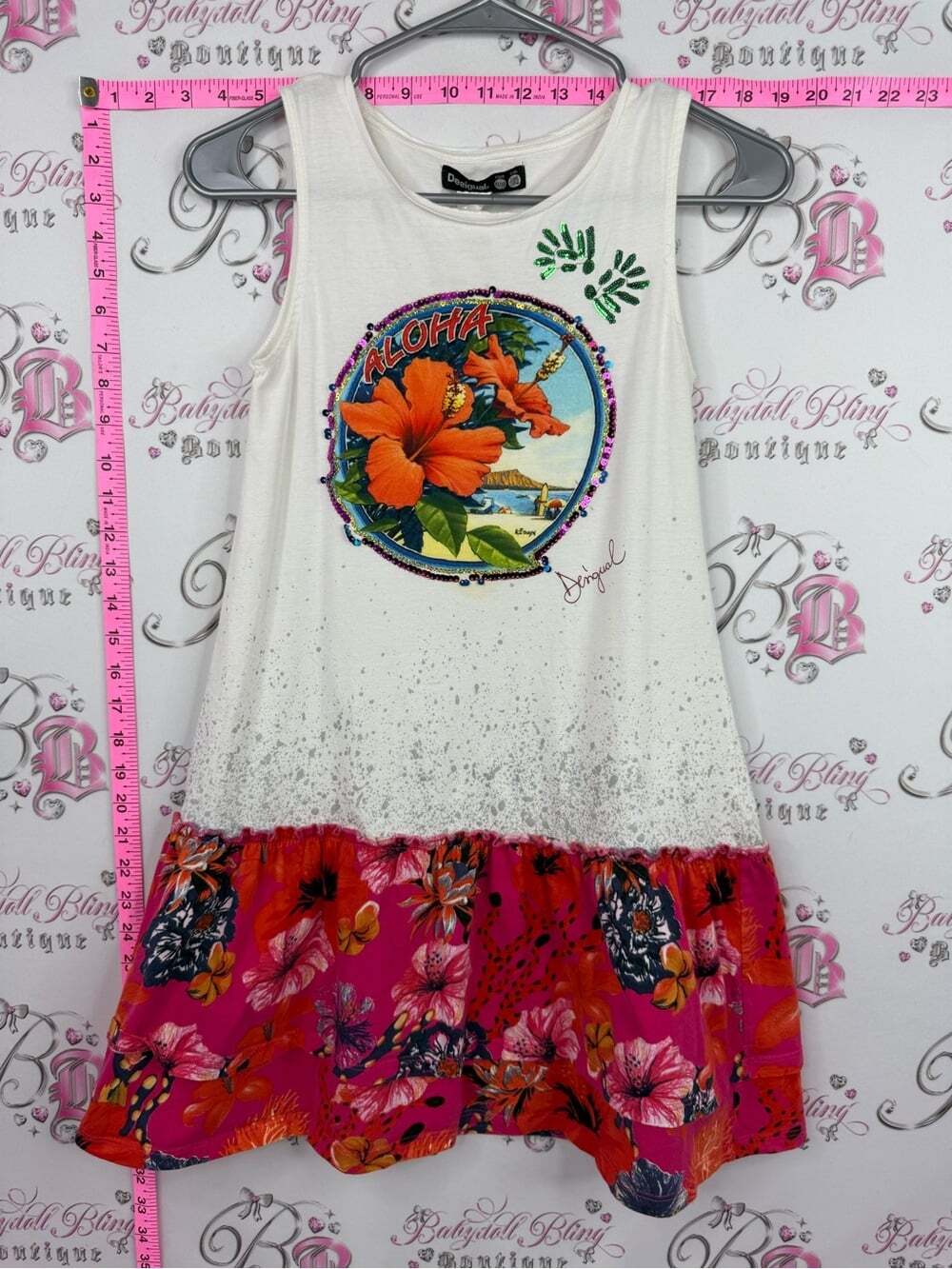 Desigual dress ruffle White Tank Dress with Pink Floral Tier and Aloha Hibiscus